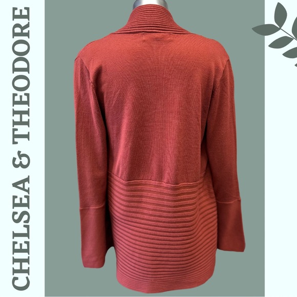 Chelsea & Theodore Waterfall Cardigan Sweater Ribbed Brick Red Orange Size Large - Picture 5 of 8